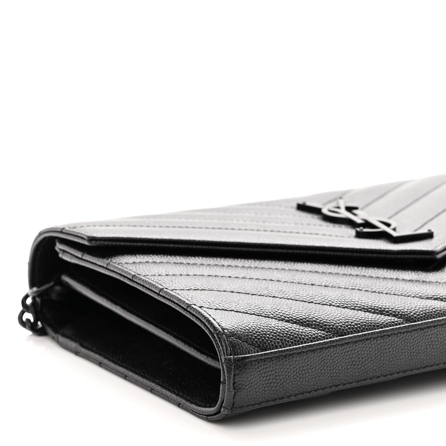 Saint Laurent Grain De Poudre Matelasse Chevron Monogram Monochrome Envelope Chain Wallet Black 8 of 11