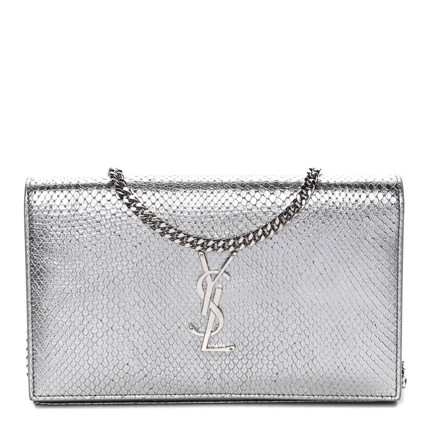 Metallic Calfskin Python Embossed Monogram Chain Wallet Silver