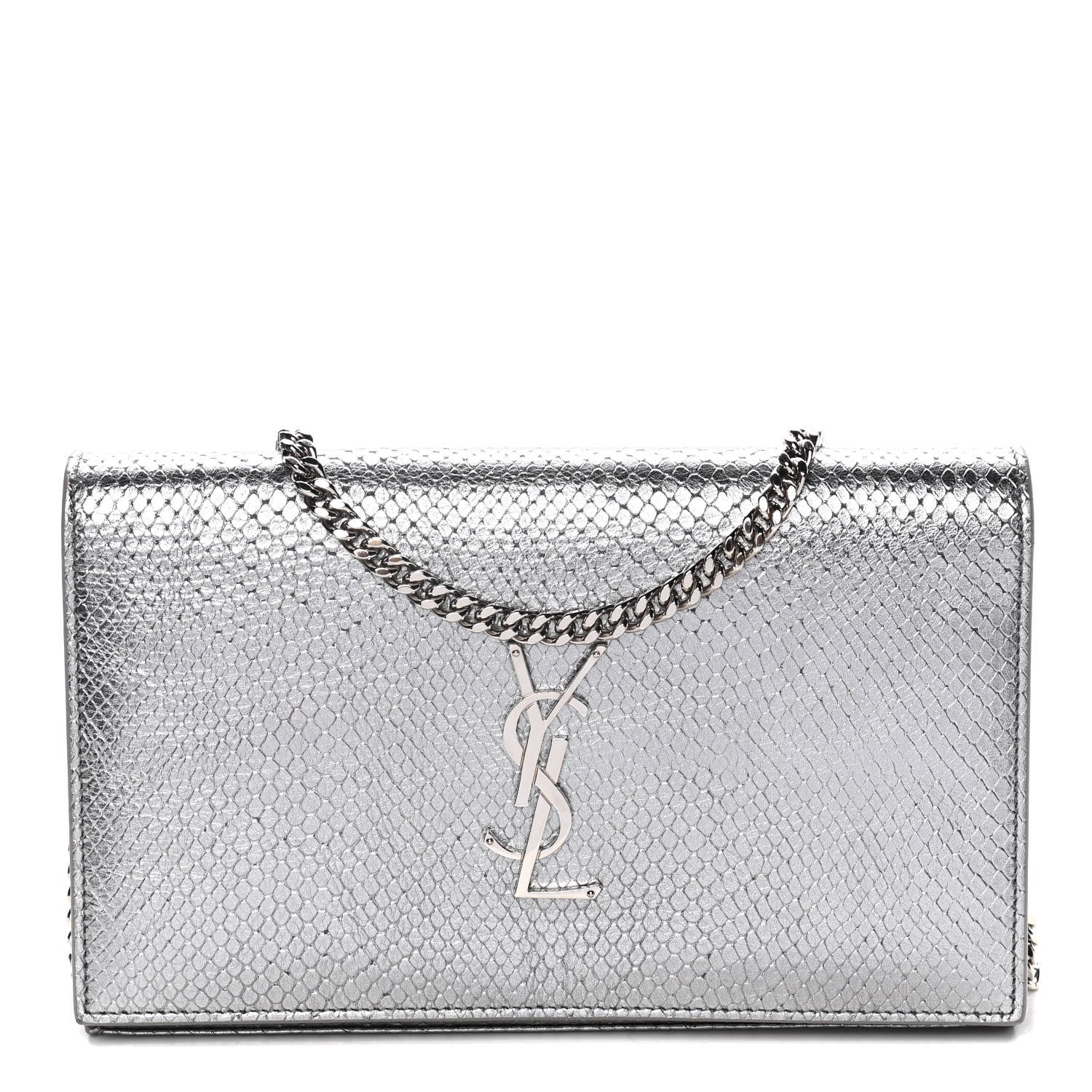 Saint Laurent Metallic Calfskin Python Embossed Monogram Chain Wallet Silver 1 of 17