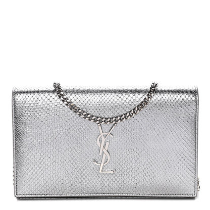 Saint Laurent Metallic Calfskin Python Embossed Monogram Chain Wallet Silver 1 of 17