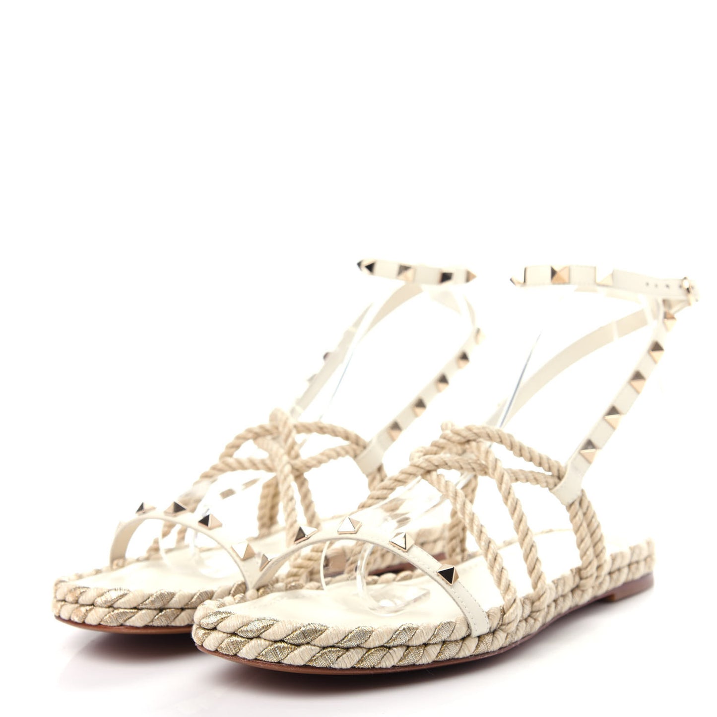 Calfskin Rockstud Torchon Rope Espadrille Flat Sandals 39 Light Ivory