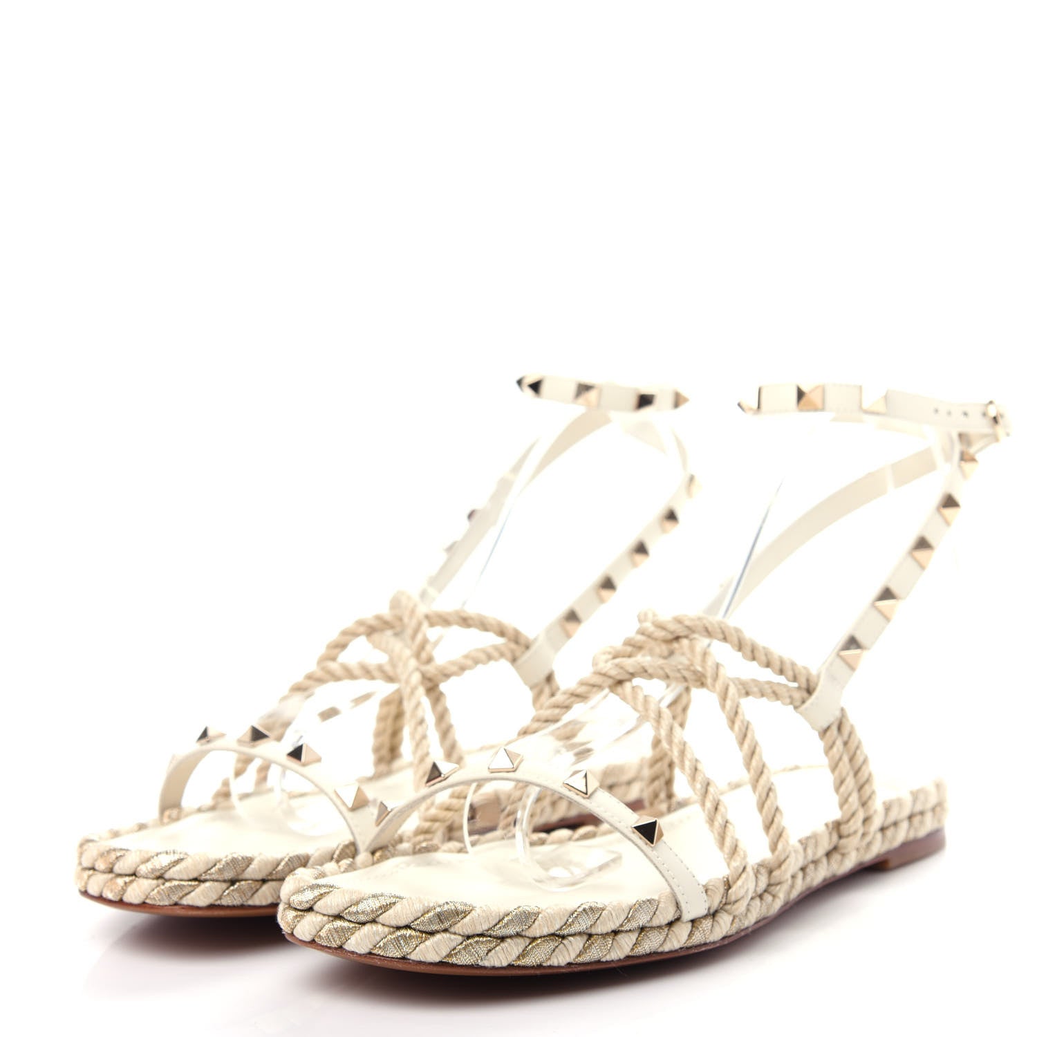 Valentino Garavani Calfskin Rockstud Torchon Rope Espadrille Flat Sandals 39 Light Ivory 3 of 9