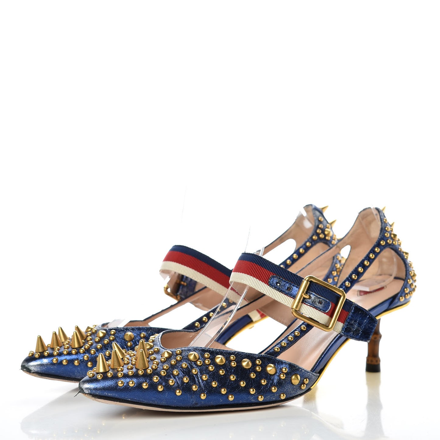 Metallic Nappa Silk Grosgrain Studded Sylvie Web Bamboo Low Heel Pumps 36.5 Sapphire