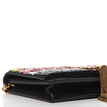 Saint Laurent Suede Sequin Bead Embellished Classic Monogram Kate Tassel Chain Wallet Black Multicolor 6 of 9