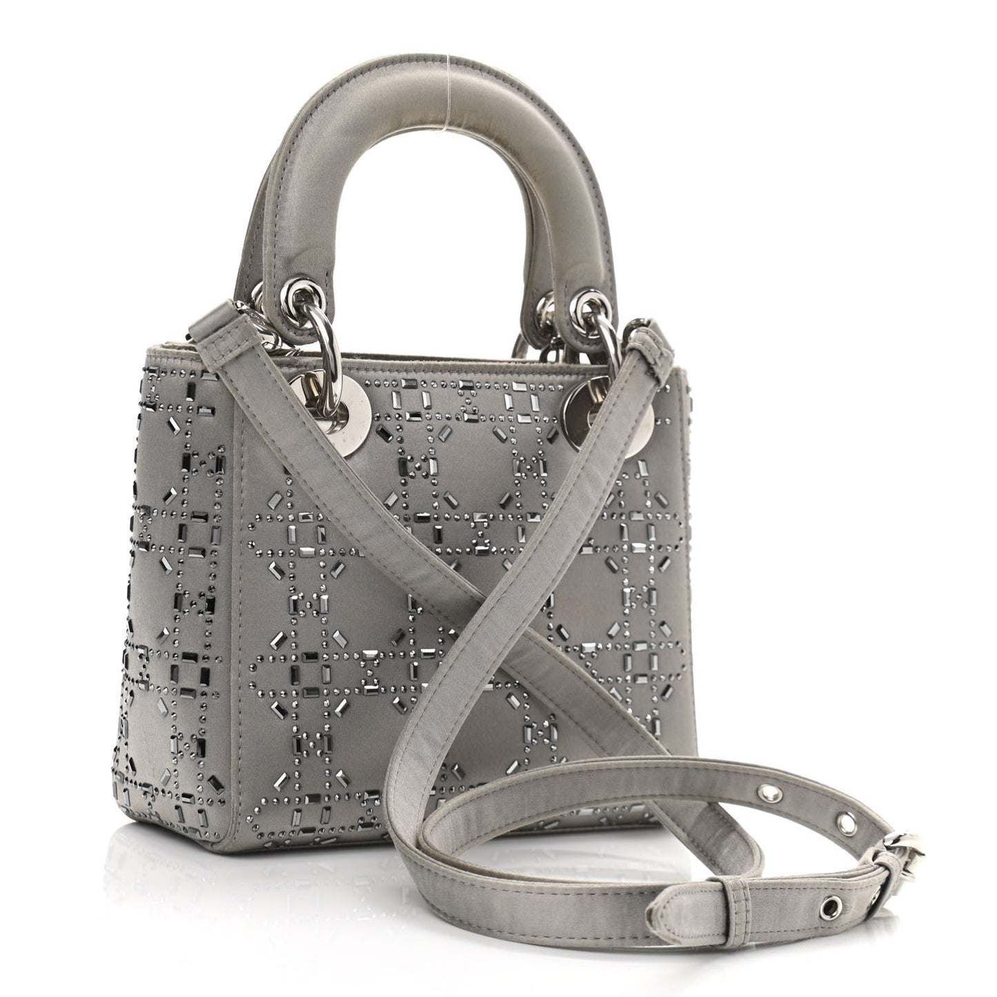 Satin Crystal Cannage Mini Lady Dior Gray