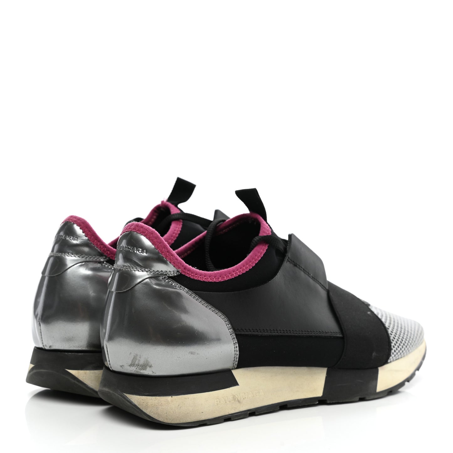 Calfskin Neoprene Mesh Suede Womens Race Runner Sneakers 42 Black Silver Pink