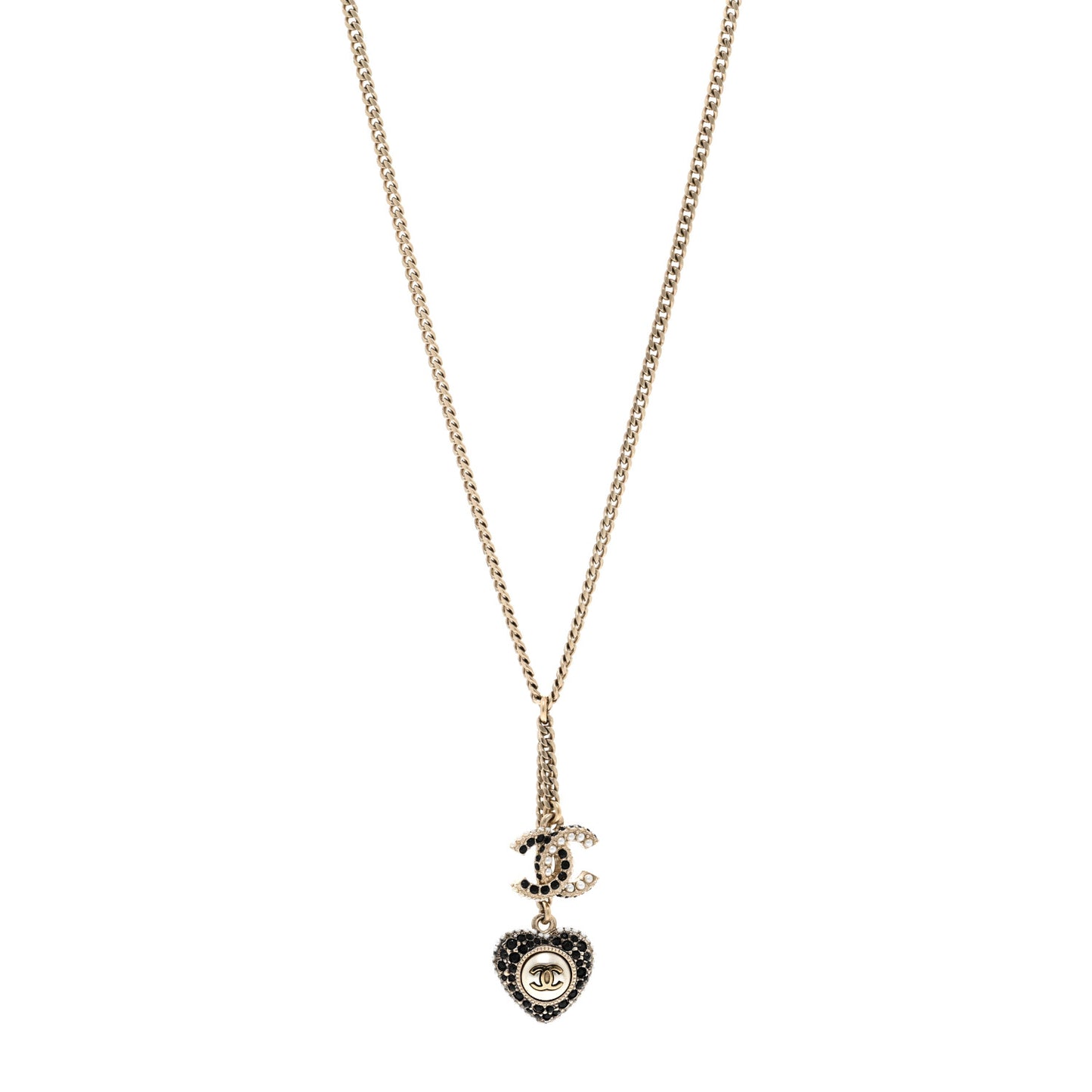 Crystal CC Heart Necklace Black Pearly White Gold