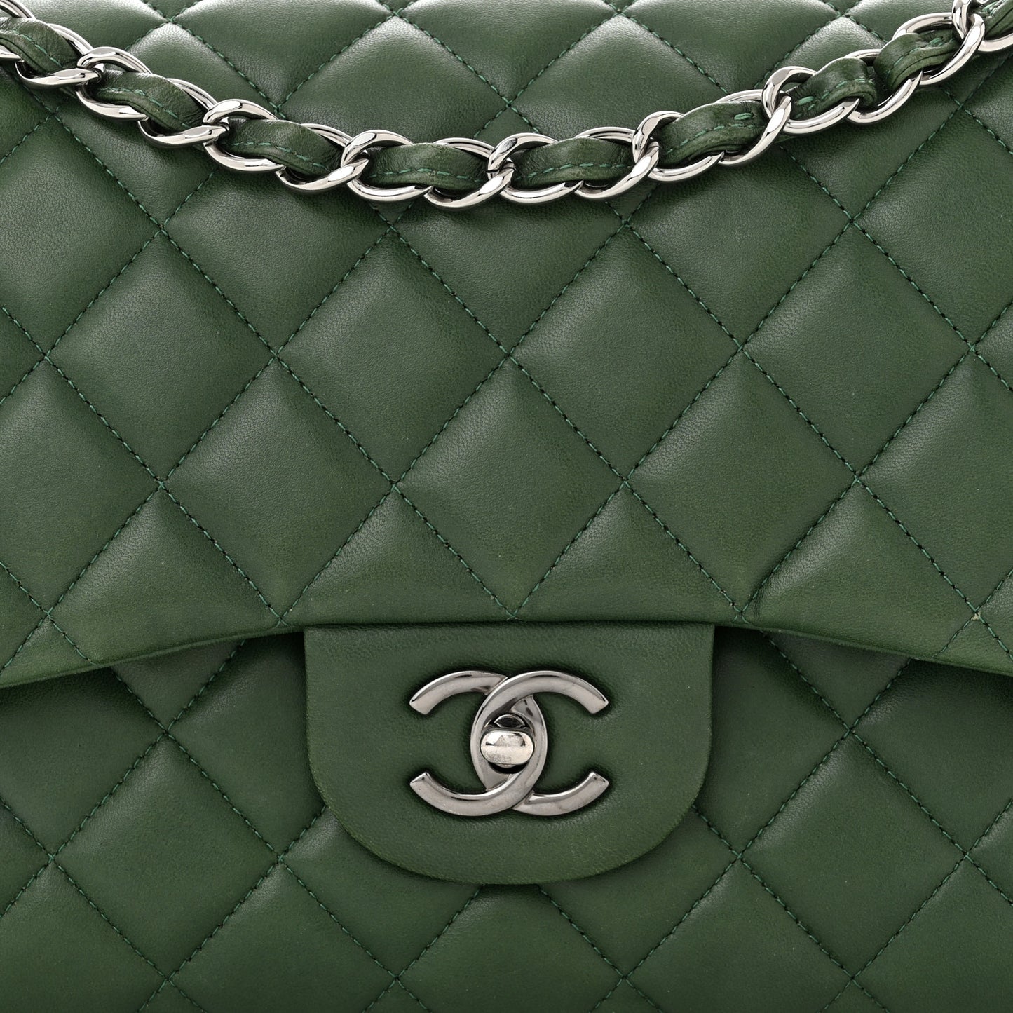 Lambskin Quilted Jumbo Double Flap Green