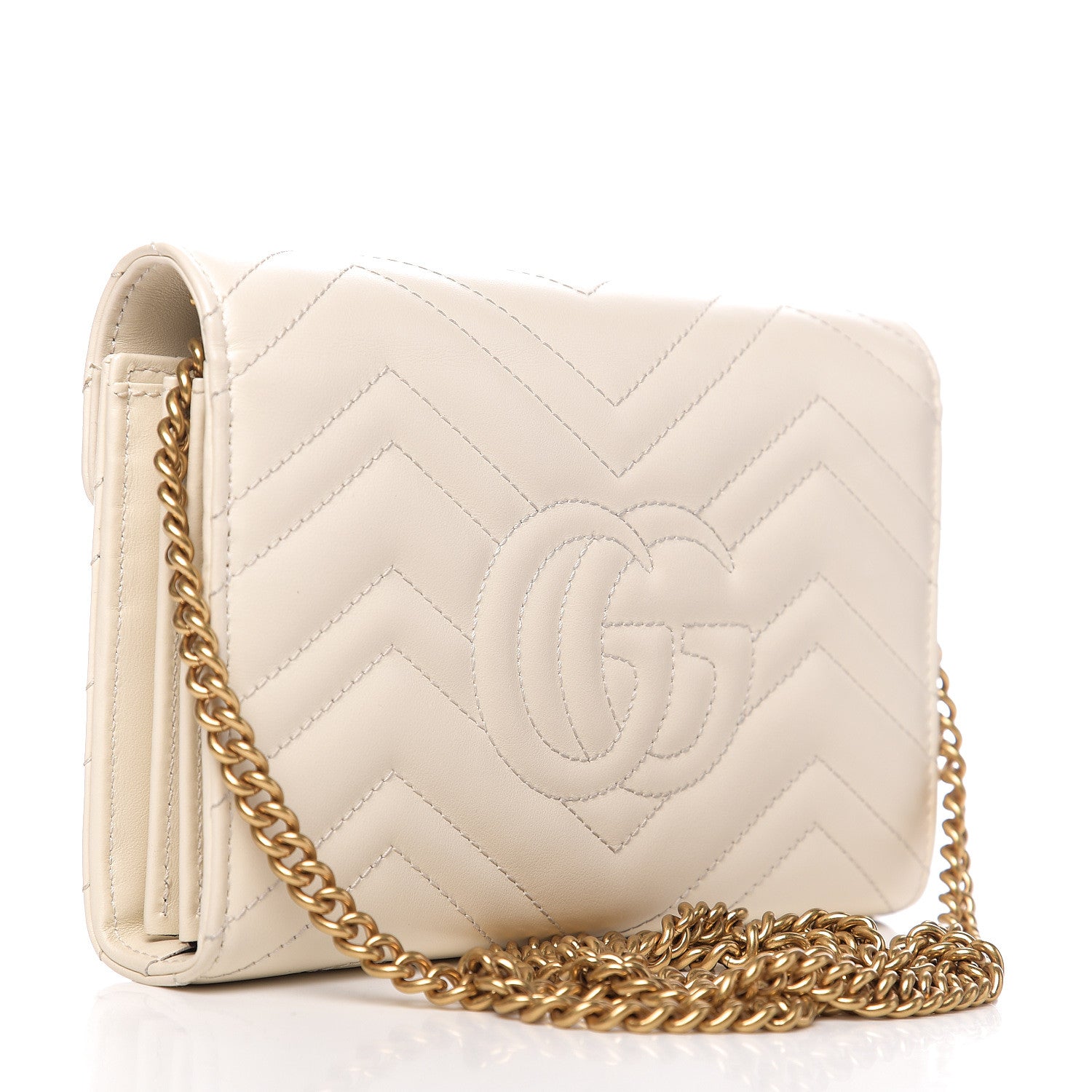 Gucci Calfskin Matelasse GG Marmont Chain Wallet Mystic White 2 of 9