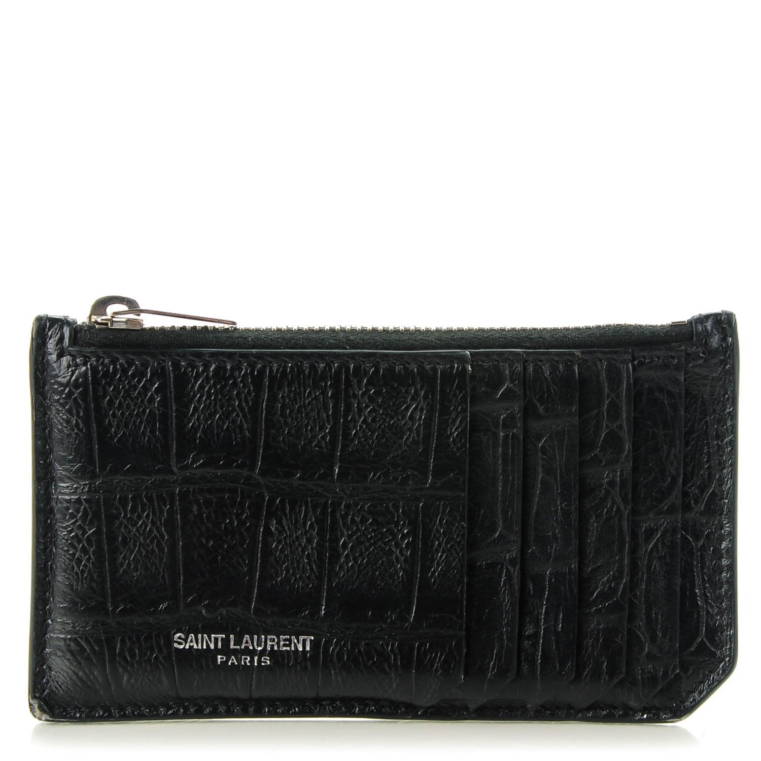 Saint Laurent Calfskin Crocodile Embossed 5 Fragments Zip Card Case Black 1 of 7