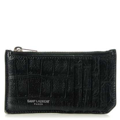 Saint Laurent Calfskin Crocodile Embossed 5 Fragments Zip Card Case Black 1 of 7