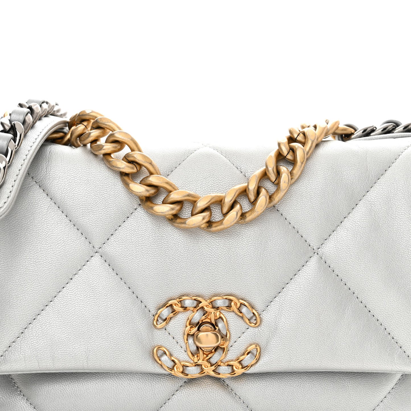 Metallic Lambskin Quilted Medium Chanel 19 Flap Silver