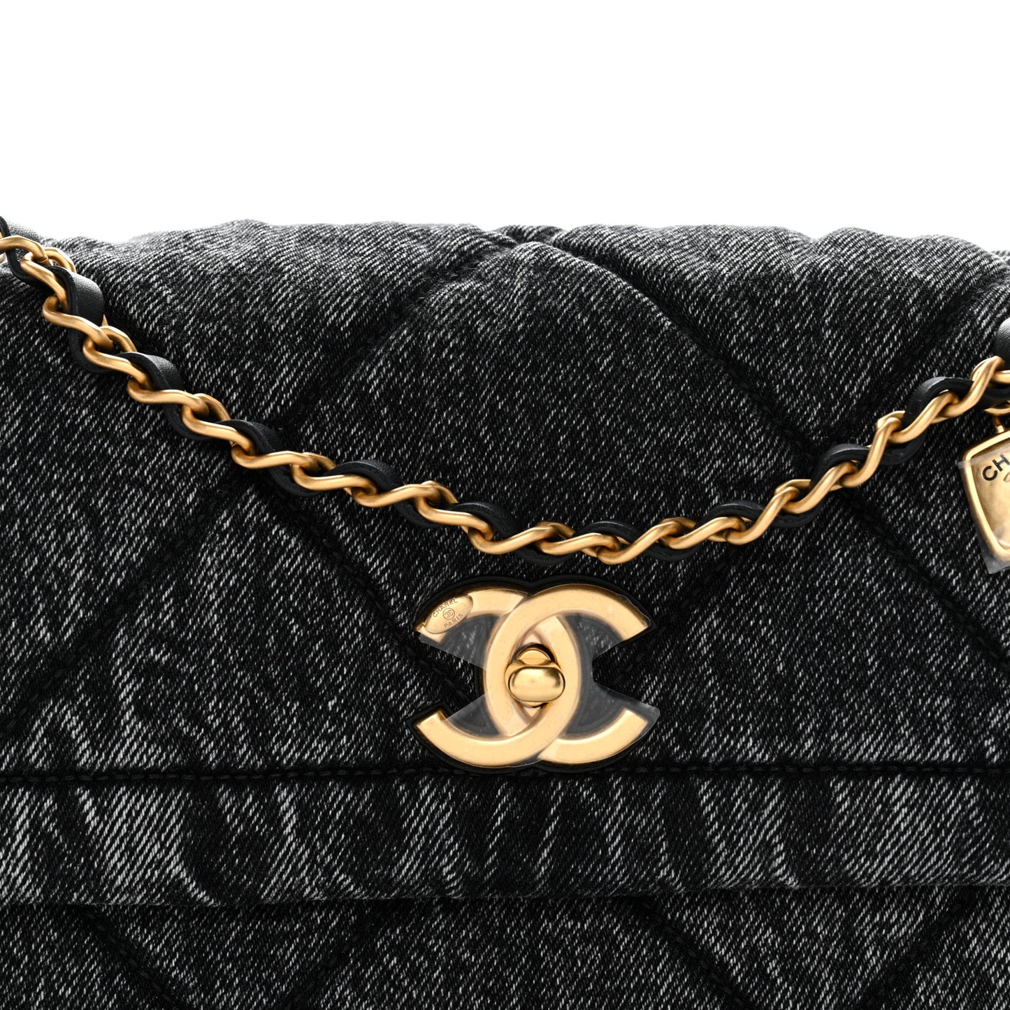 Washed Denim Quilted Large Flap Bag Black