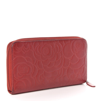 Chanel Lambskin Camellia Embossed Zip Around Large Gusset Wallet Red 3 of 14