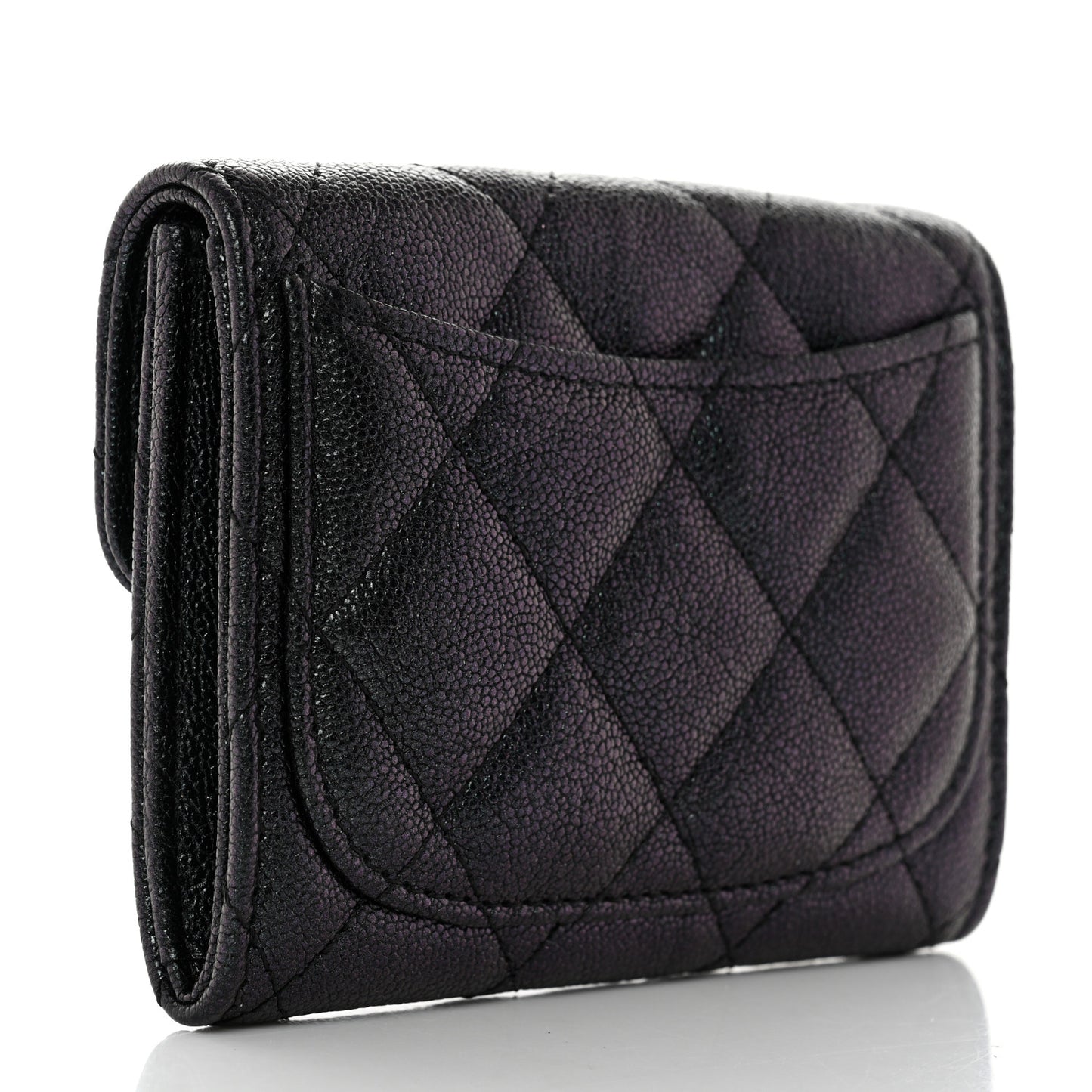 Iridescent Caviar Quilted Flap Card Holder Wallet Black