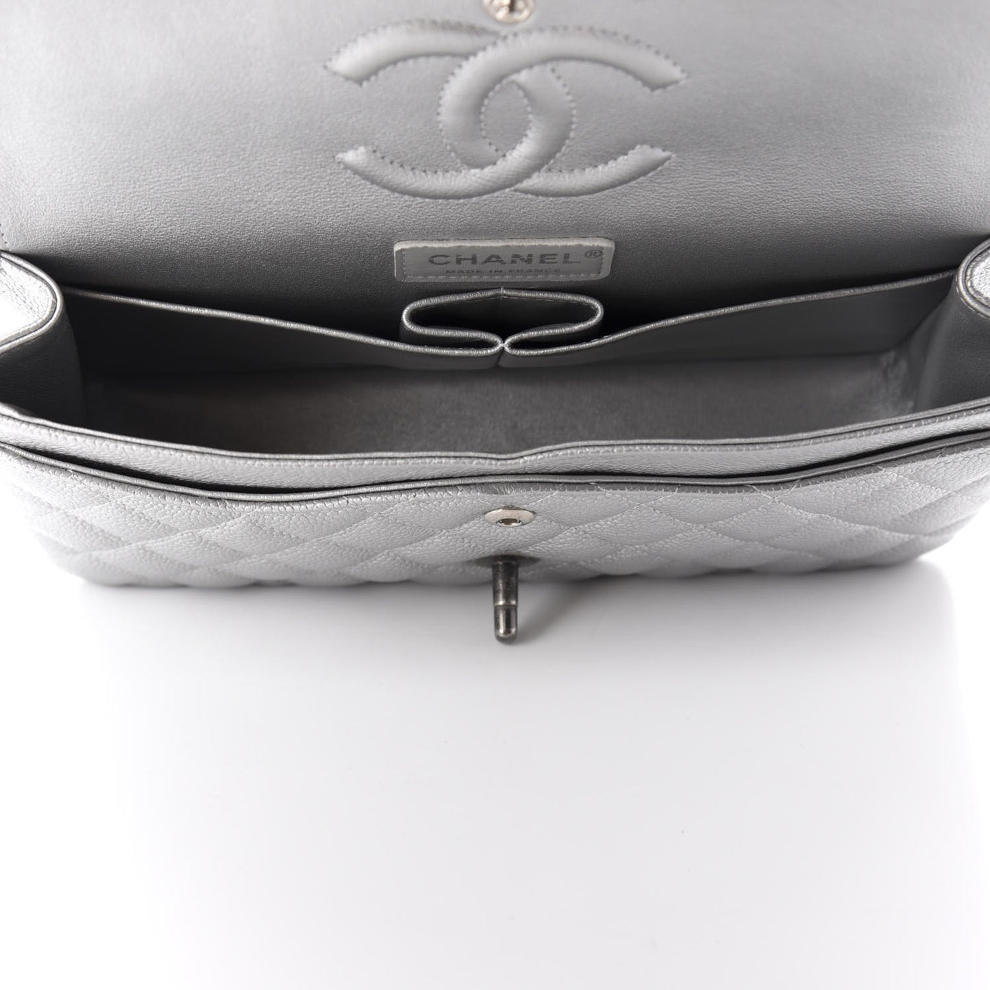 Metallic Caviar Quilted Medium Double Flap Silver