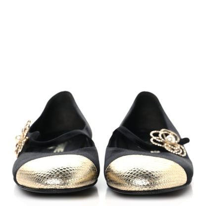 Chanel Satin Crystal Snakeskin Embossed Cap Toe Ballerina Flats 38 Black Gold 3 of 9