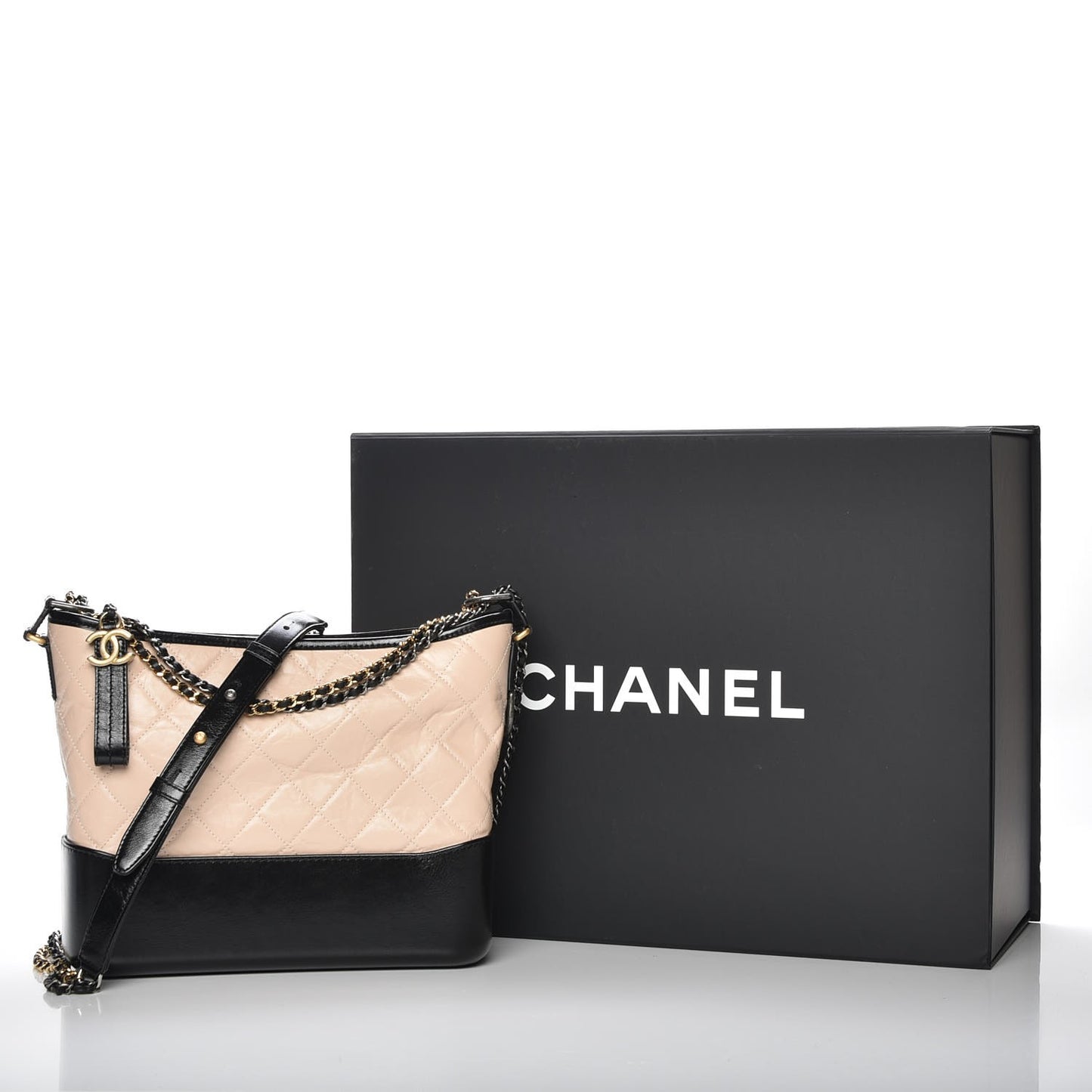 Aged Calfskin Quilted Medium Gabrielle Hobo Beige Black