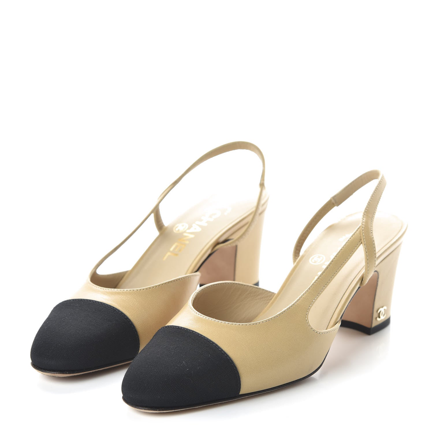 Chanel Goatskin Grosgrain Cap Toe CC Slingback Pumps 36 Beige Black 3 of 9