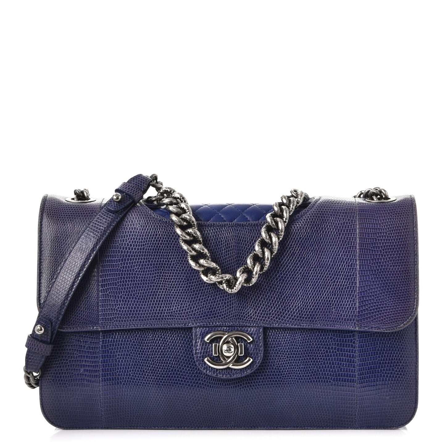 Lizard Lambskin Quilted Large Perfect Edge Flap Blue