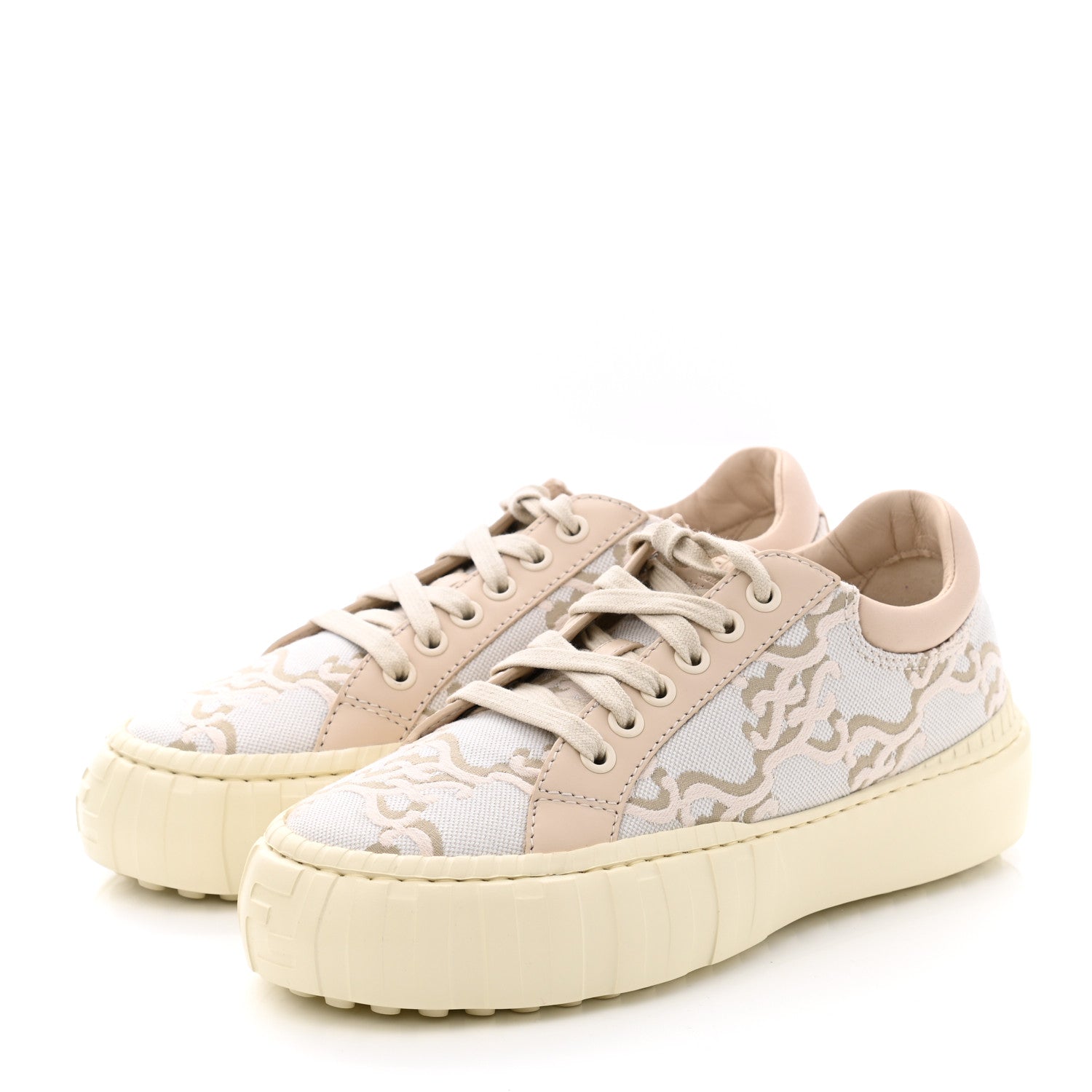 Fendi Fabric Jacquard Vitello Nappa FF Karligraphy Womens Fendi Force Low Top Sneakers 36.5 Camelia 3 of 9