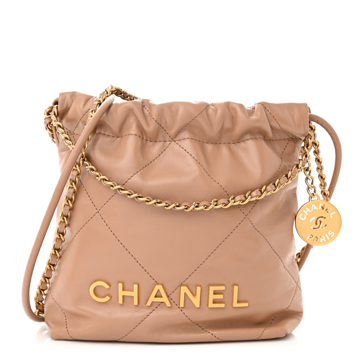 Shiny Calfskin Quilted Mini Chanel 22 Dark Beige