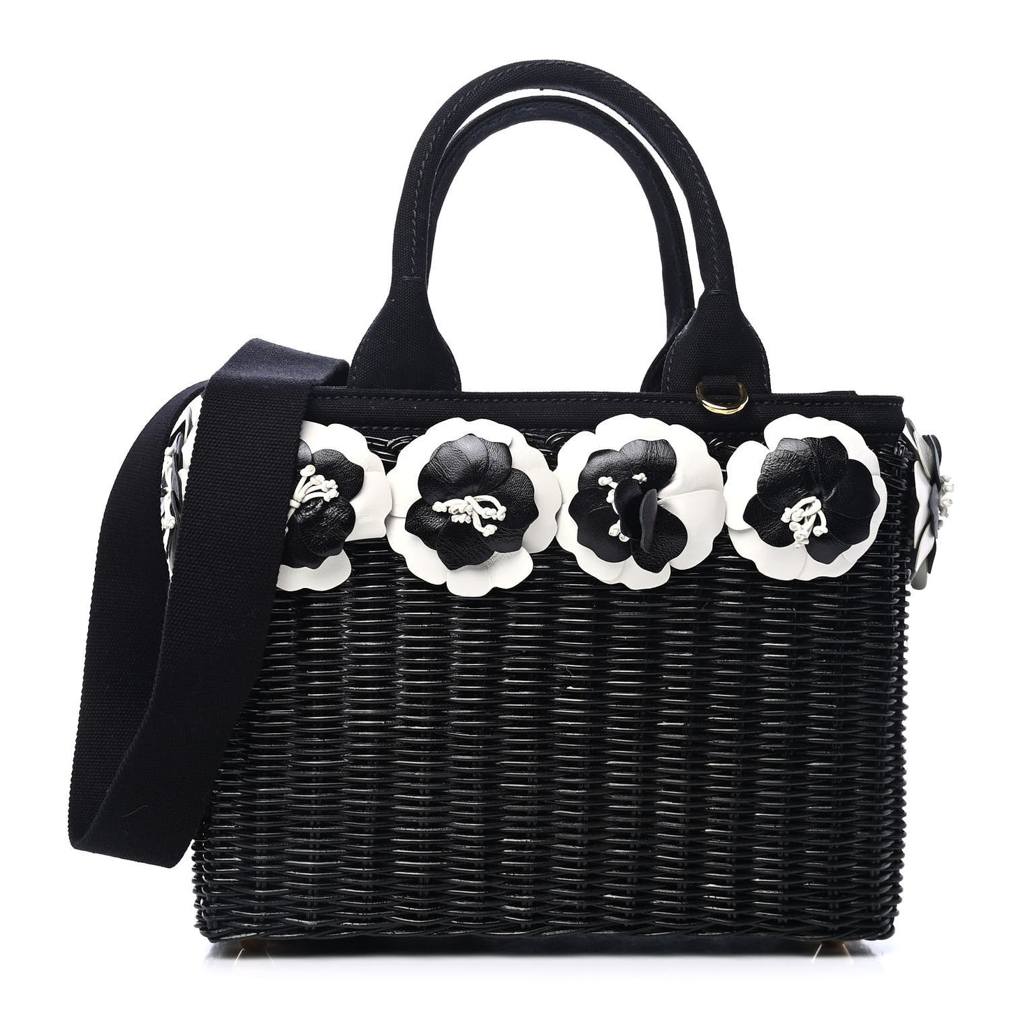 Wicker Canvas Floral Embellished Shoulder Bag Black