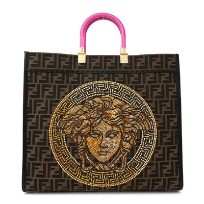 Fendi X VERSACE Fabric Jacquard Calfskin Plexiglass Fendace FF Medusa Studded Large Fendi Sunshine Shopper Tote Marrone Fuxia 1 of 12