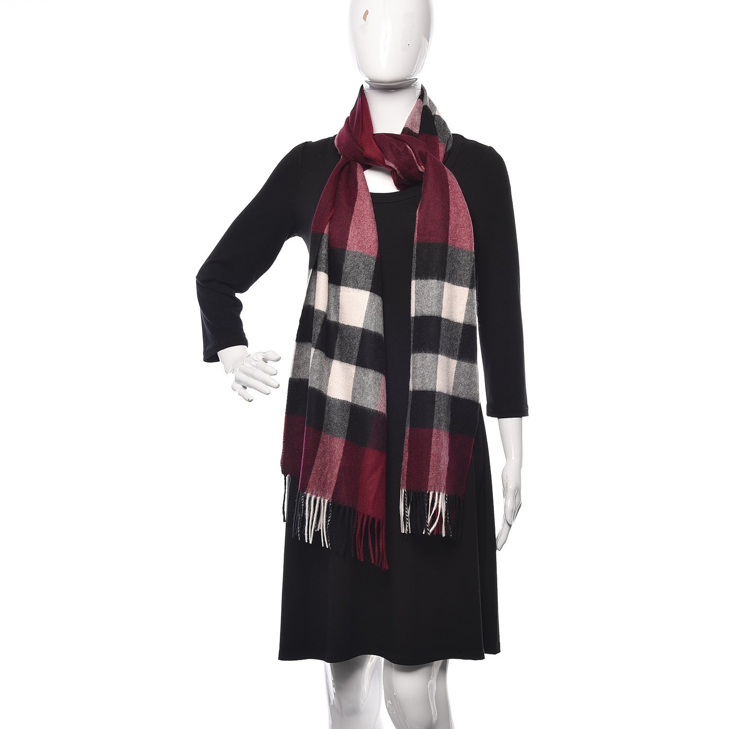 Cashmere Giant Check Fringe Scarf Claret