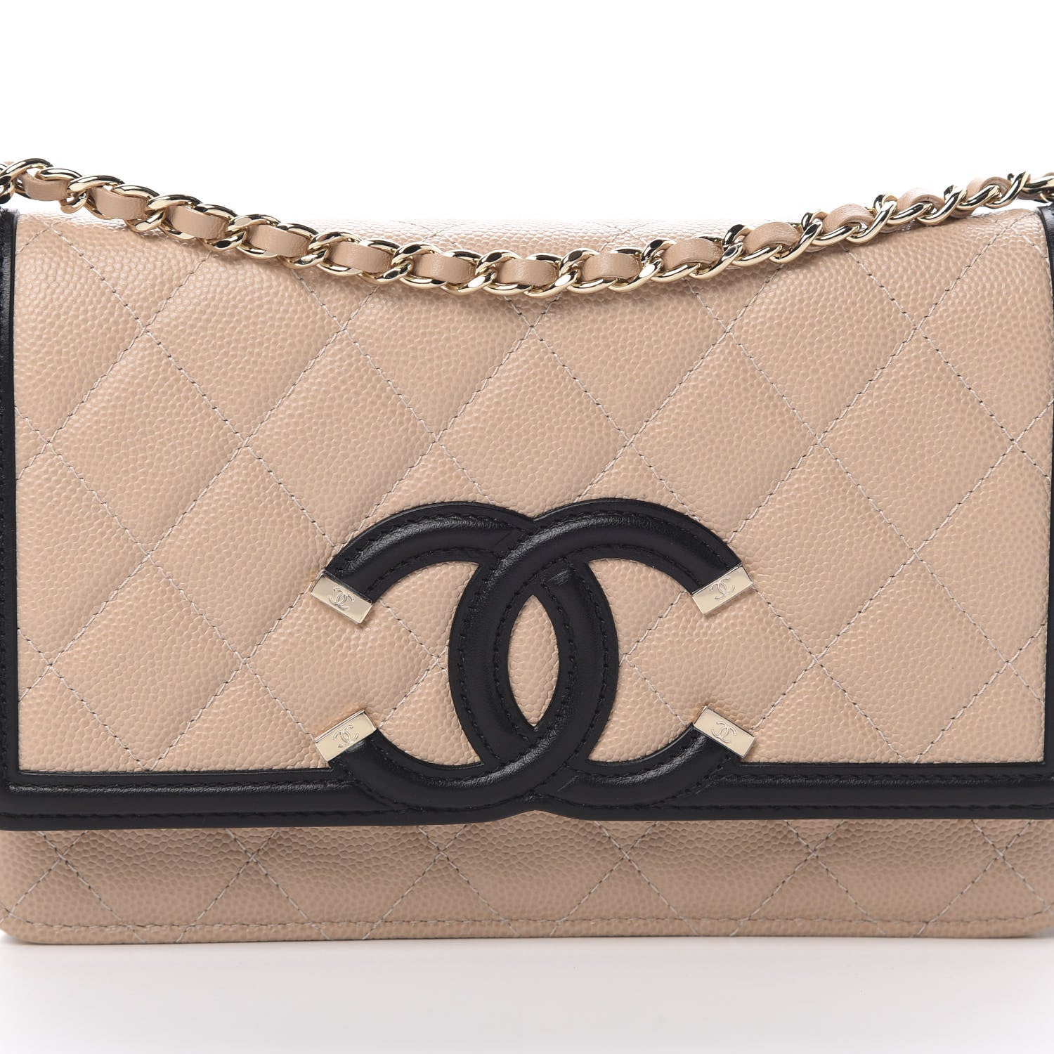 Chanel Caviar Quilted CC Filigree Wallet On Chain WOC Beige Black 9 of 12