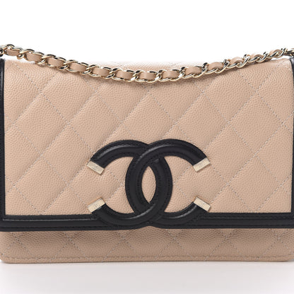 Chanel Caviar Quilted CC Filigree Wallet On Chain WOC Beige Black 9 of 12