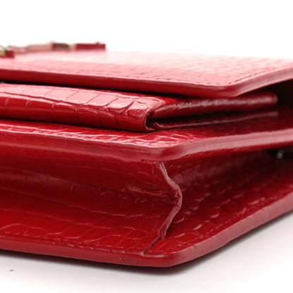 Saint Laurent Calfskin Crocodile Embossed Monogram Sunset Chain Wallet Rouge Eros 9 of 17