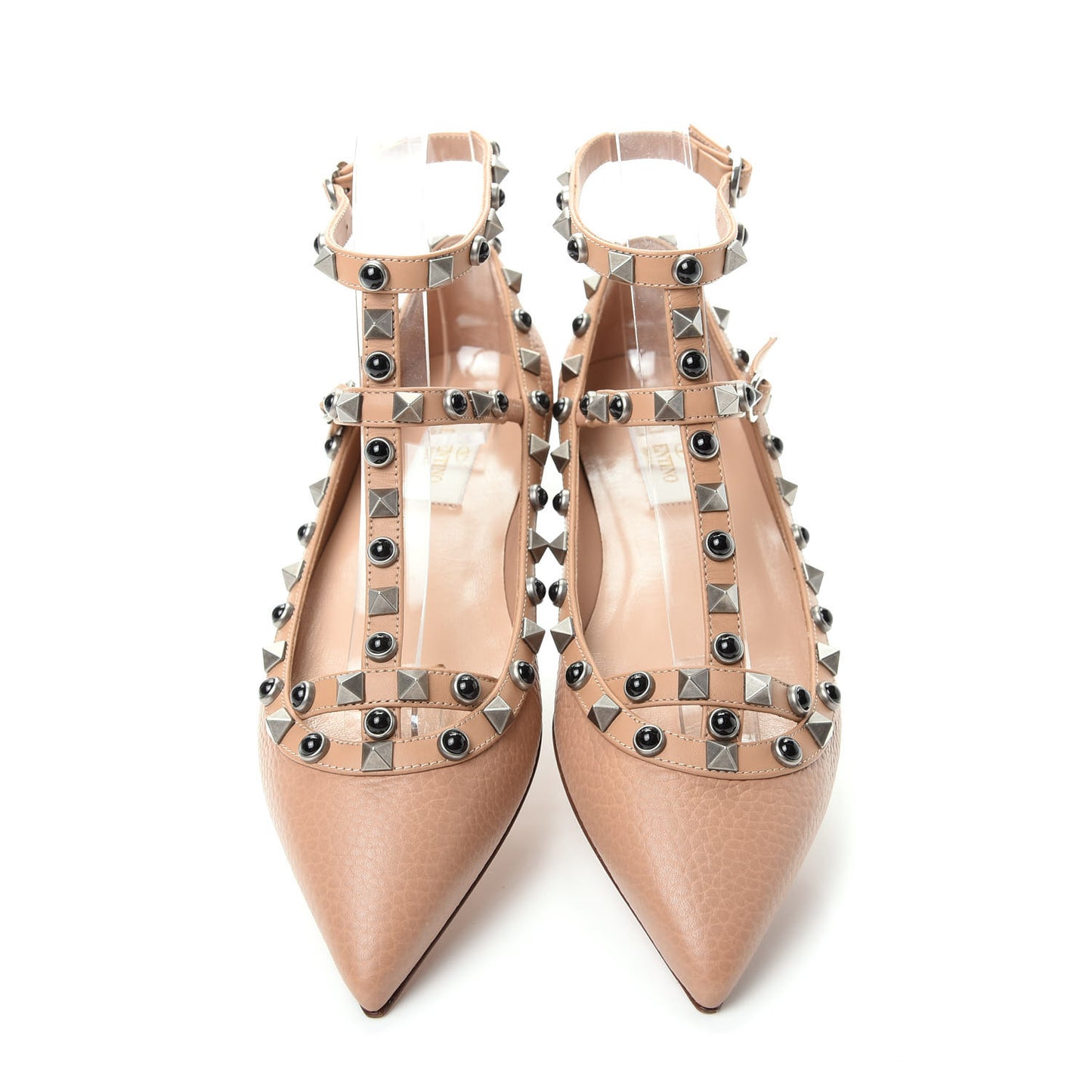 Pebbled Calfskin Onyx Rockstud Rolling Cage Ballerina Flats 35.5 Soft Noisette