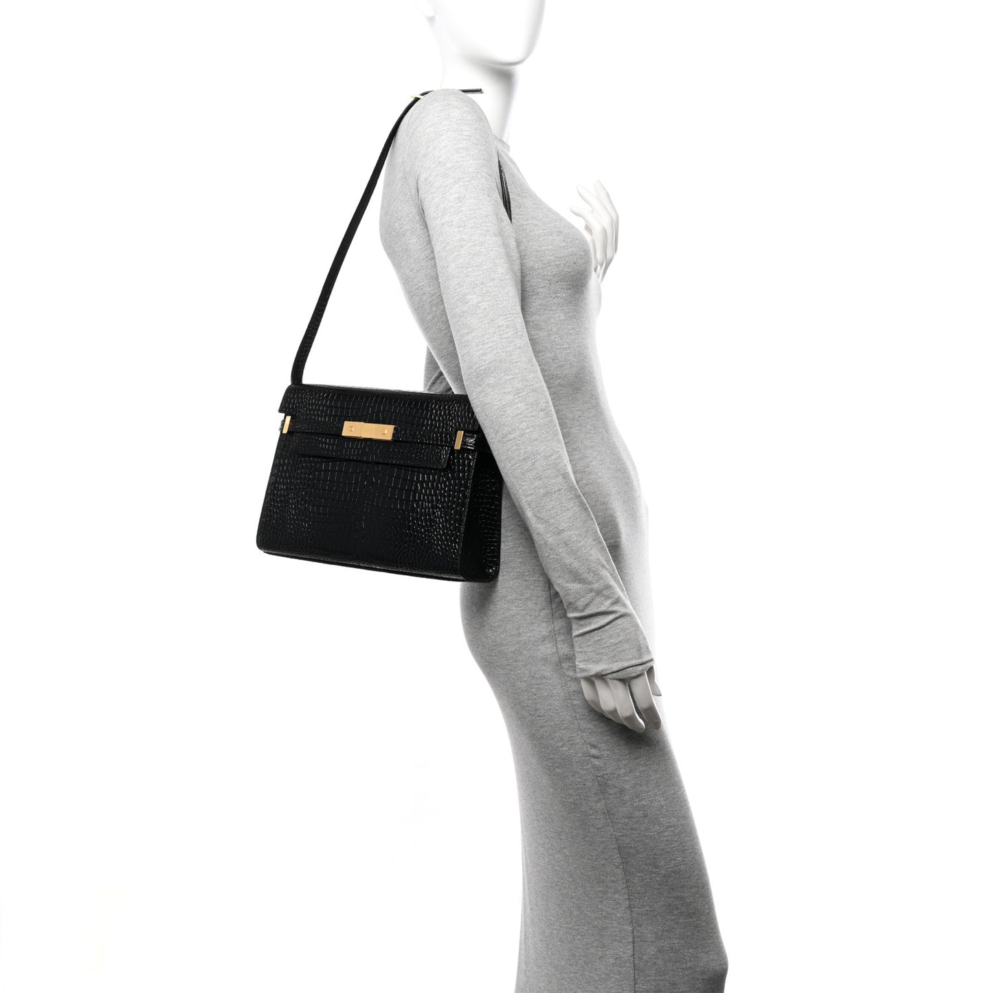 Shiny Calfskin Crocodile Embossed Manhattan Baguette Black