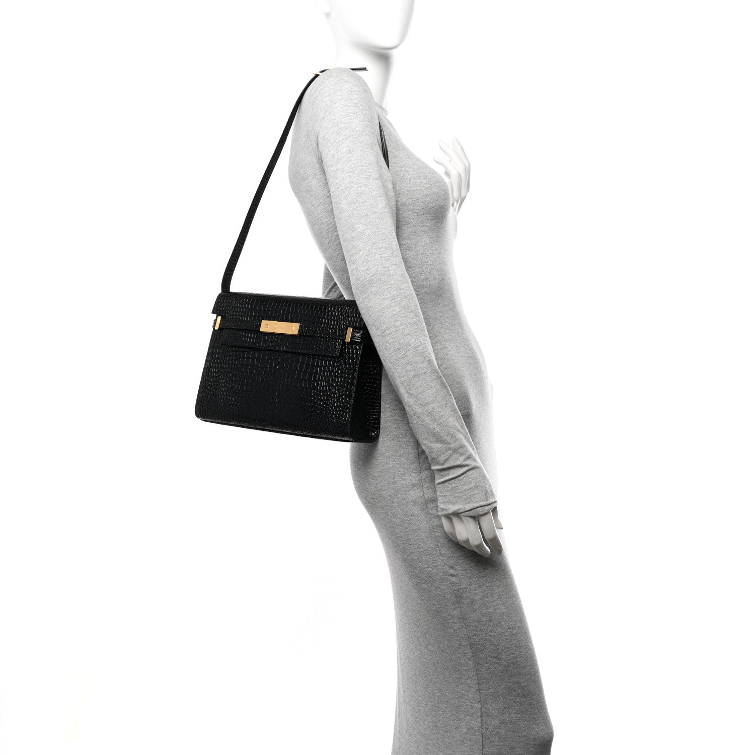Saint Laurent Shiny Calfskin Crocodile Embossed Manhattan Baguette Black 2 of 10