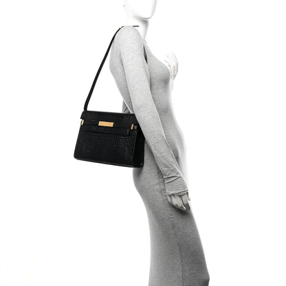 Saint Laurent Shiny Calfskin Crocodile Embossed Manhattan Baguette Black 2 of 10