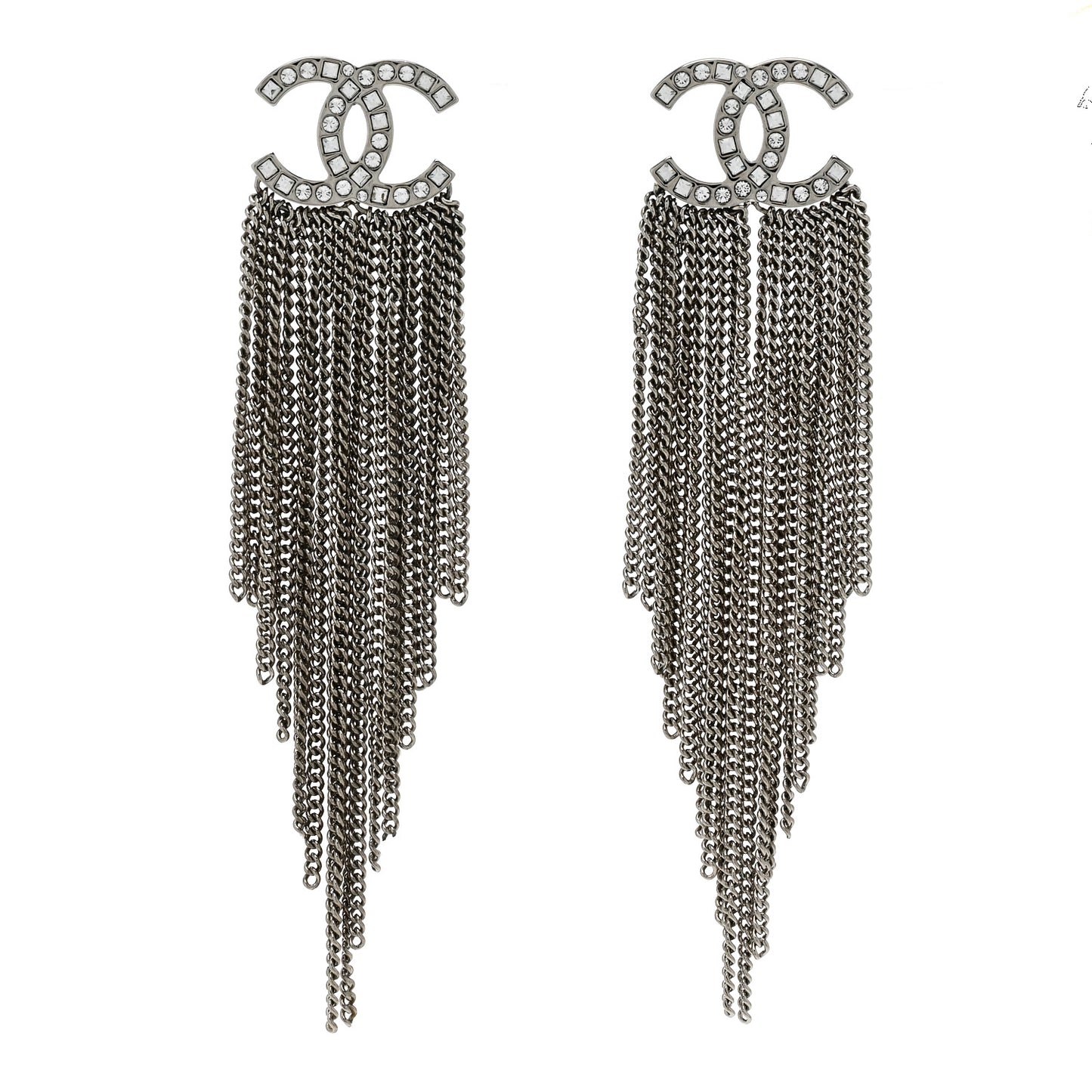 Baguette Crystal CC Chain Drop Earrings Silver