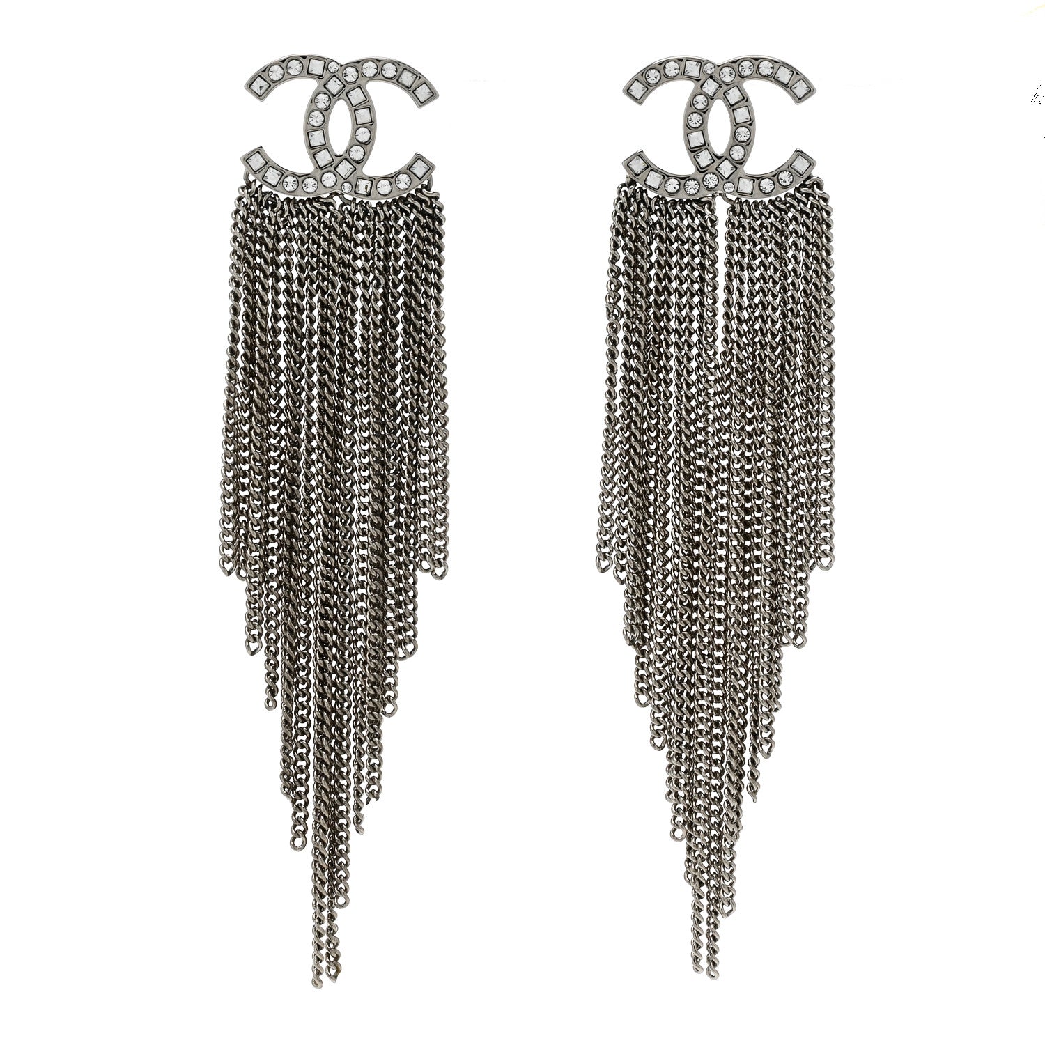 Chanel Baguette Crystal CC Chain Drop Earrings Silver 1 of 5