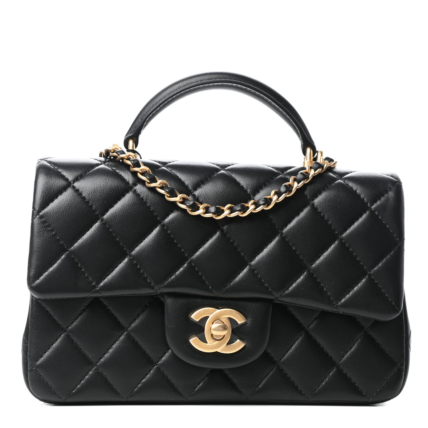 Lambskin Quilted Mini Top Handle Rectangular Flap Black