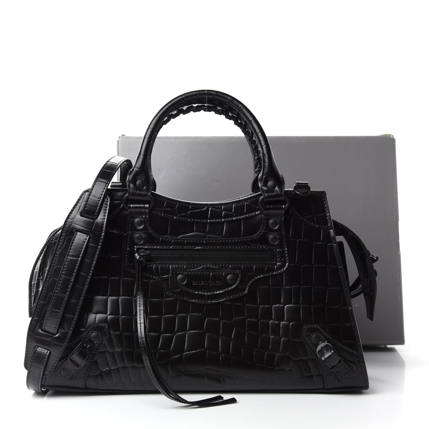 Semi Shiny Calfskin Crocodile Embossed Neo Classic Black Hardware S City Black