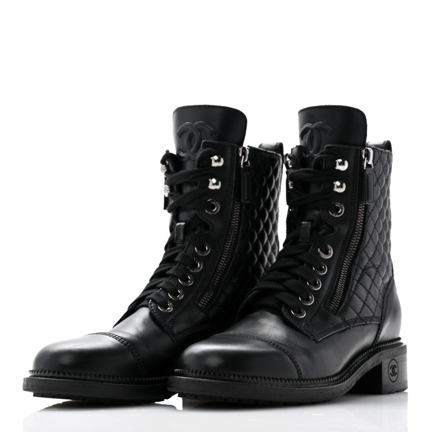 Calfskin Quilted Lace Up Combat Boots 38 Black