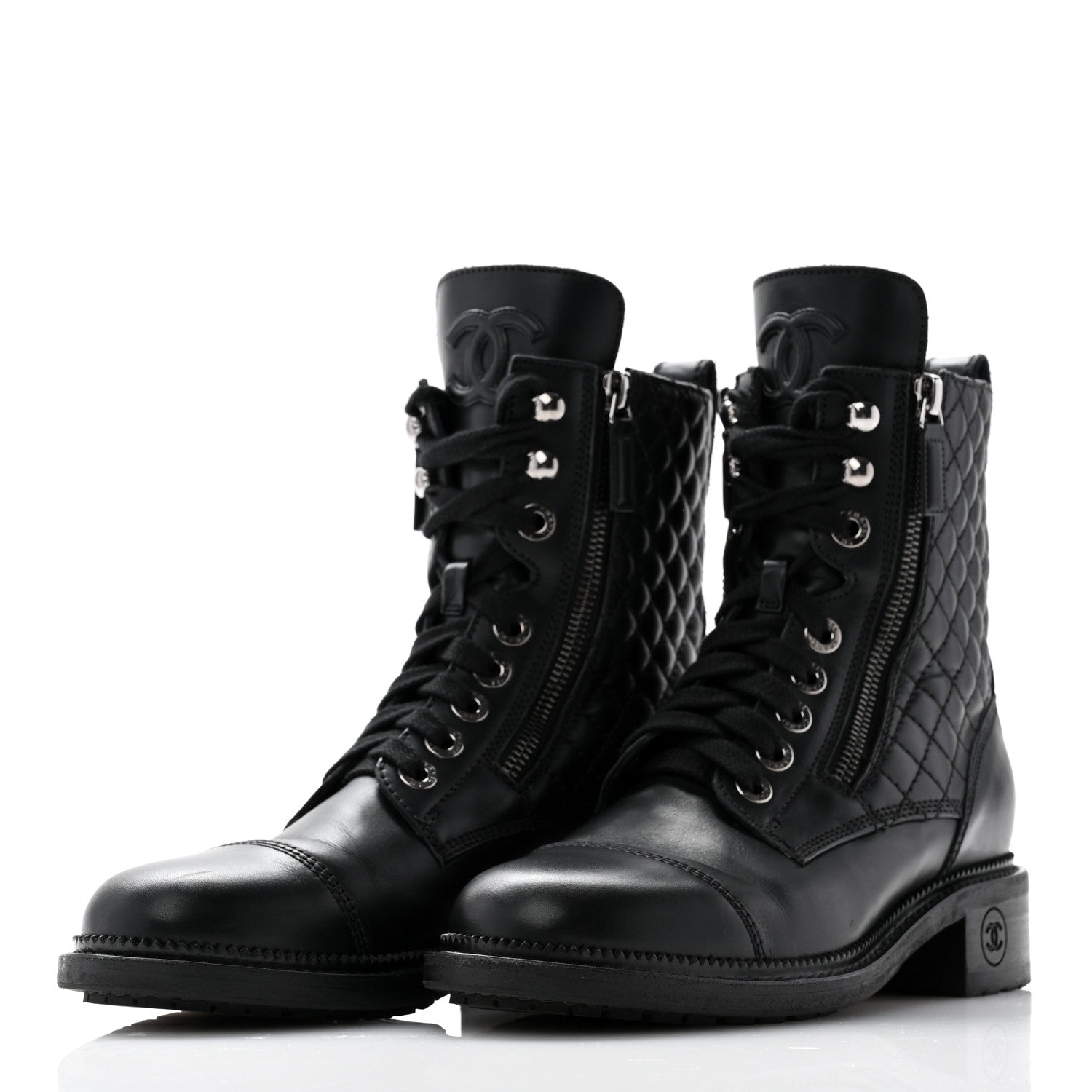 Chanel Calfskin Quilted Lace Up Combat Boots 38 Black 3 of 13