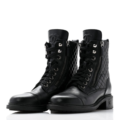 Chanel Calfskin Quilted Lace Up Combat Boots 38 Black 3 of 13