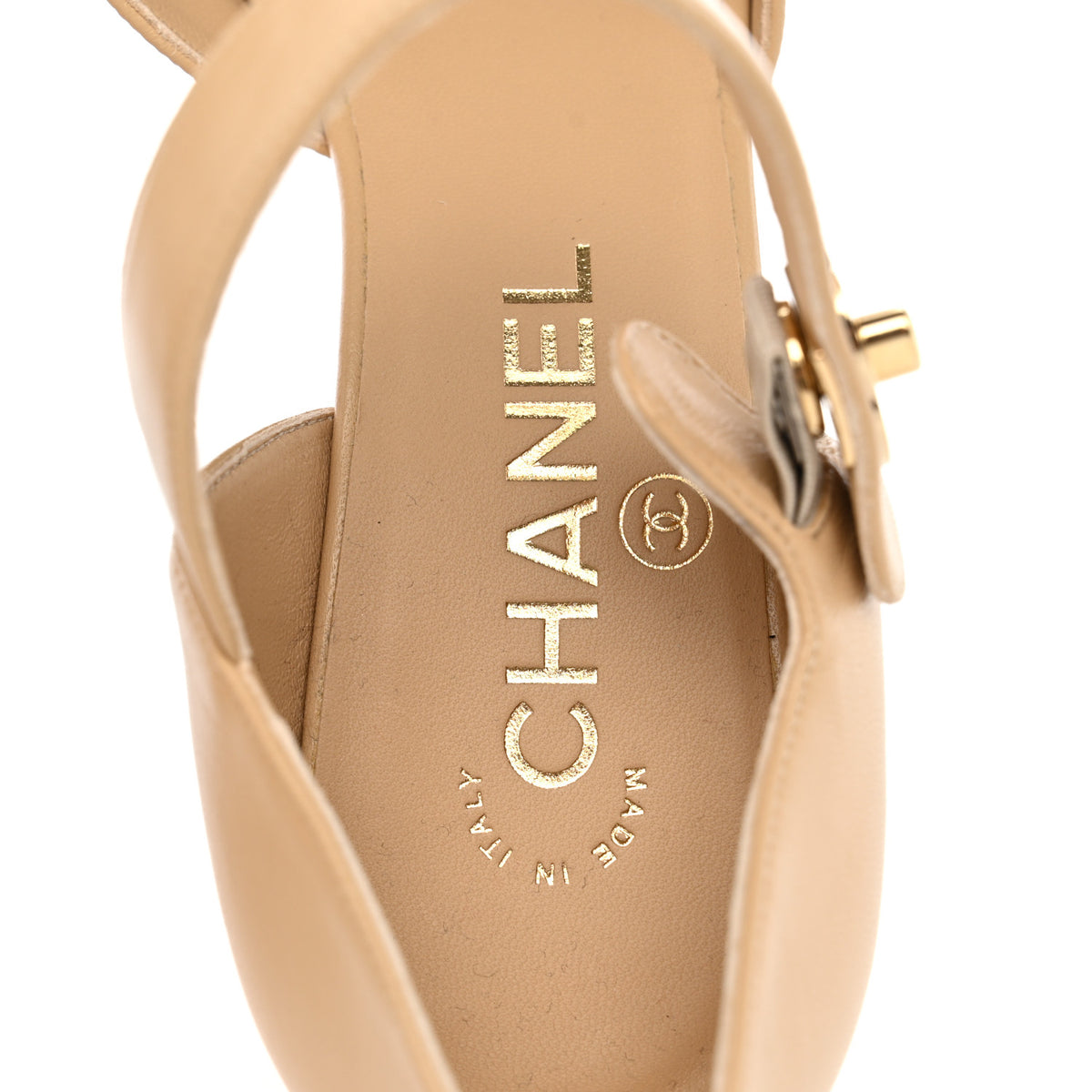 Chanel Lambskin Patent Cap Toe Mary Jane Wedge Pumps 37.5 Beige Black 9 of 10