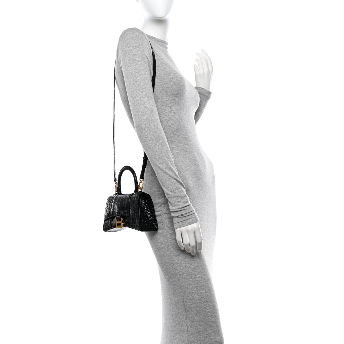 Shiny Calfskin Crocodile Embossed Hourglass Top Handle Bag XS Black