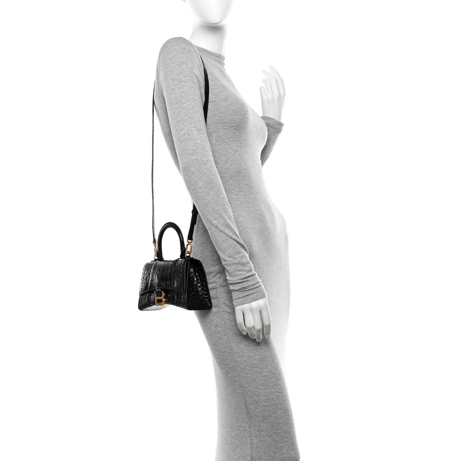 Balenciaga Shiny Calfskin Crocodile Embossed Hourglass Top Handle Bag XS Black 2 of 12