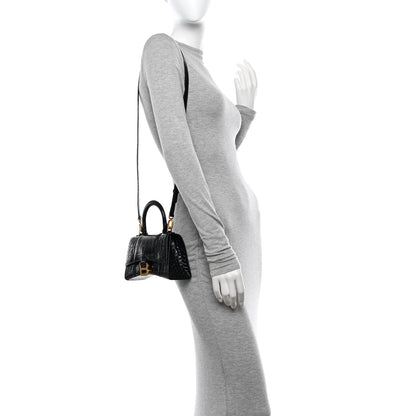 Balenciaga Shiny Calfskin Crocodile Embossed Hourglass Top Handle Bag XS Black 2 of 12