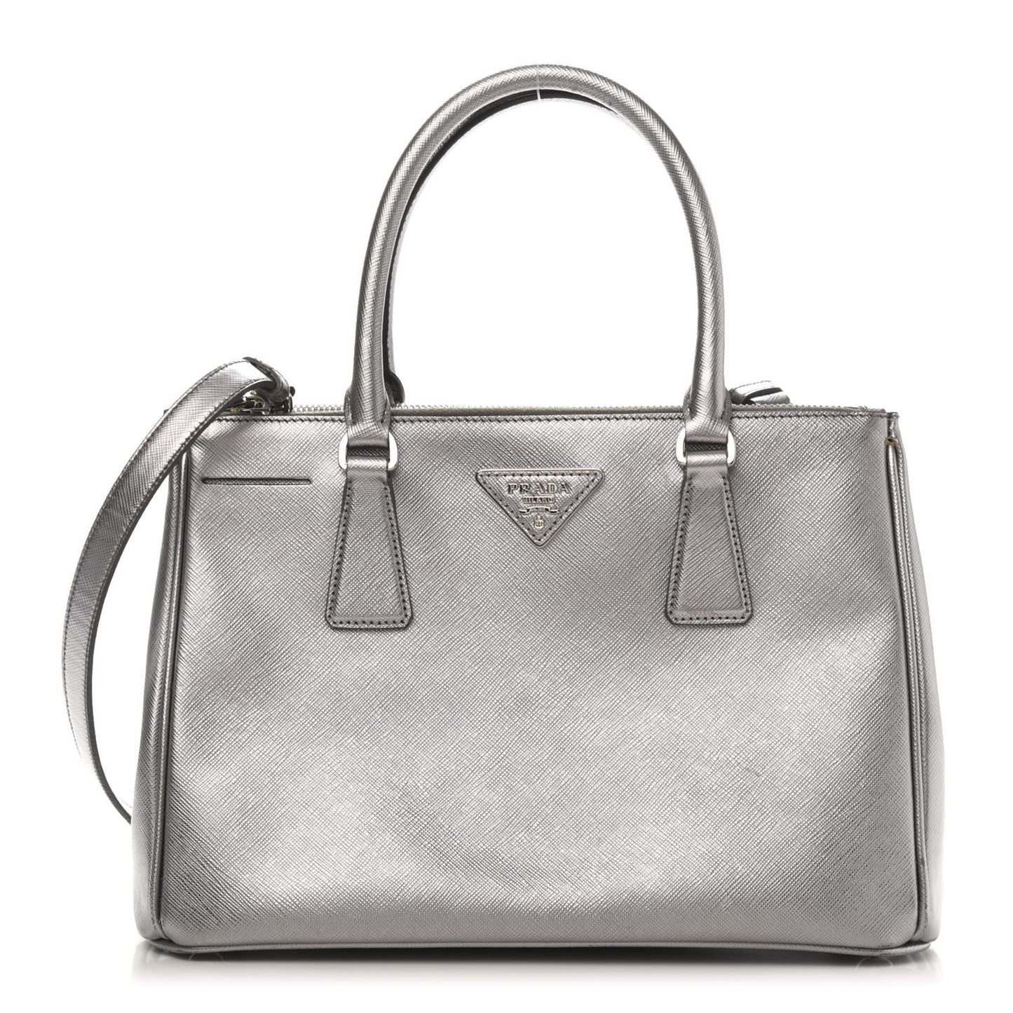 Metallic Saffiano Small Galleria Double Zip Tote Cromo