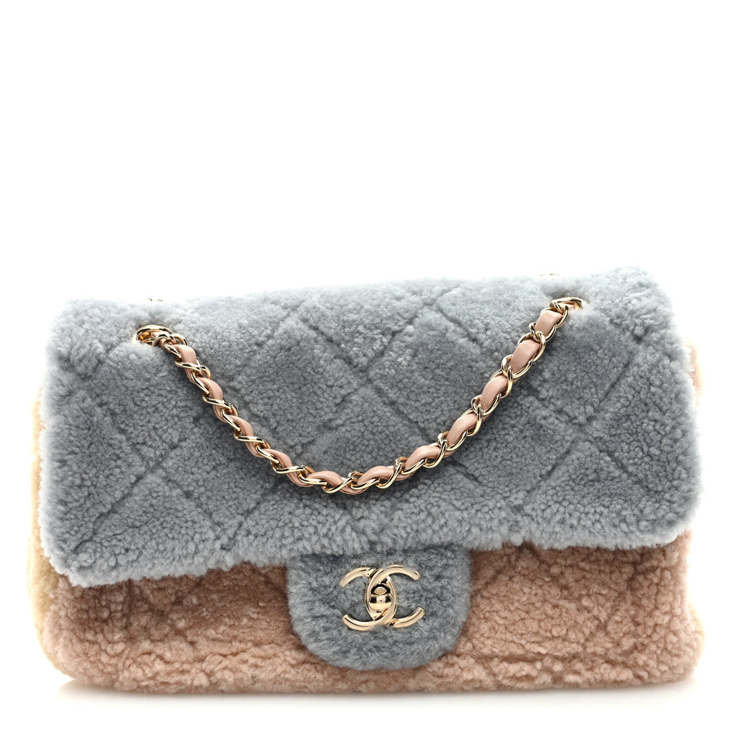 Chanel Shearling Sheepskin Single Flap Gray Pink Beige 1 of 9