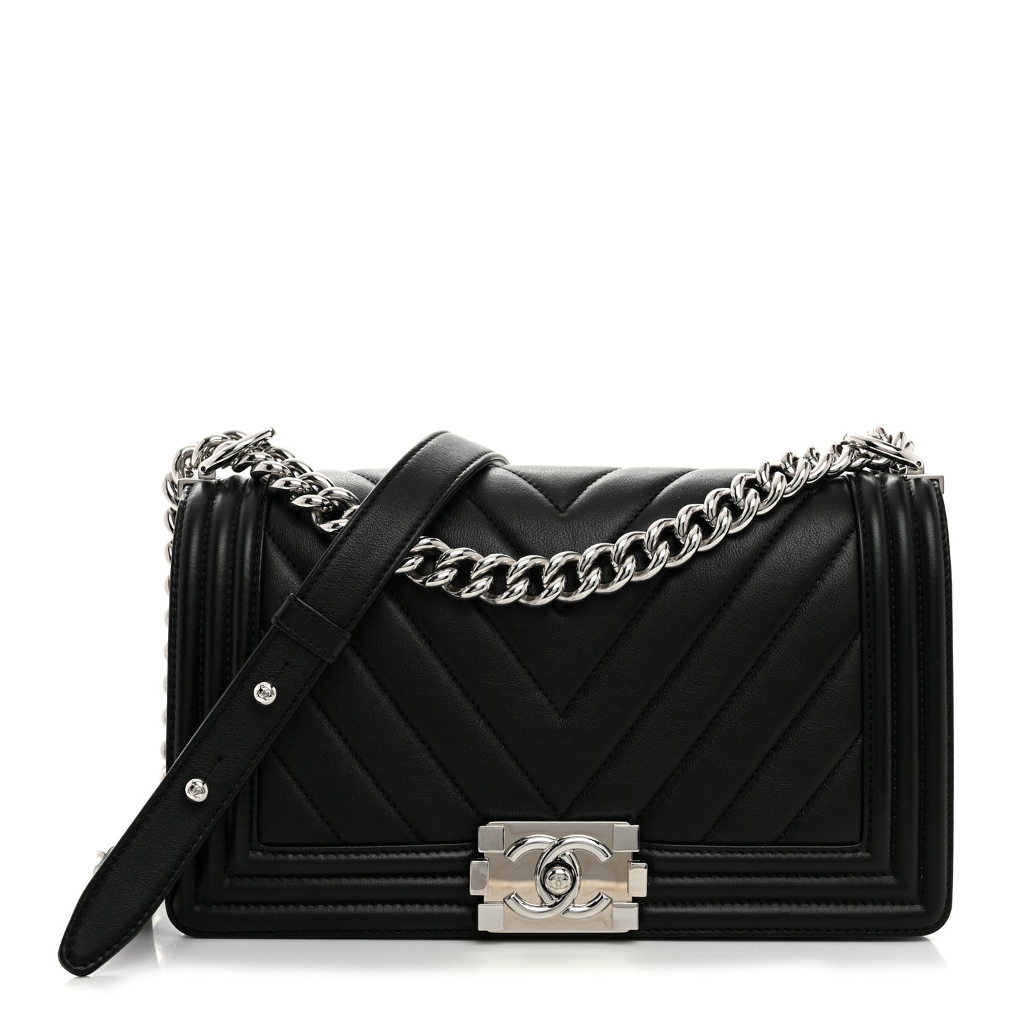 Calfskin Chevron Quilted Medium Boy Flap Black